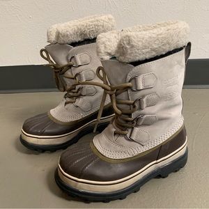 Sorel Caribou Snow Boots Leather Lace-Up Waterproof Nubuck gray brown heavy duty